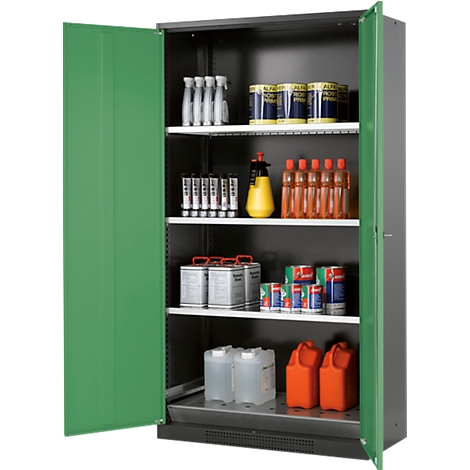 Open green cabinet with various containers and bottles on shelves. The cabinet is standing in a room.