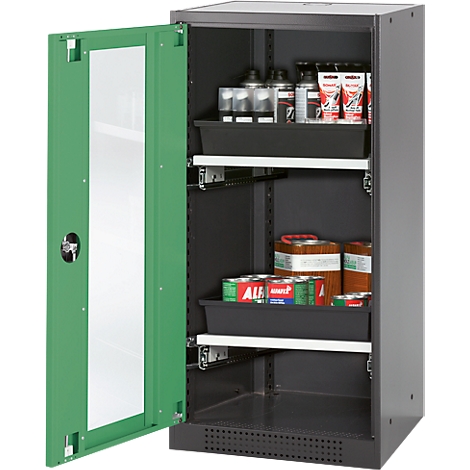 Open grey tool cabinet with green door. Various containers and liquids are stored inside the cabinet.