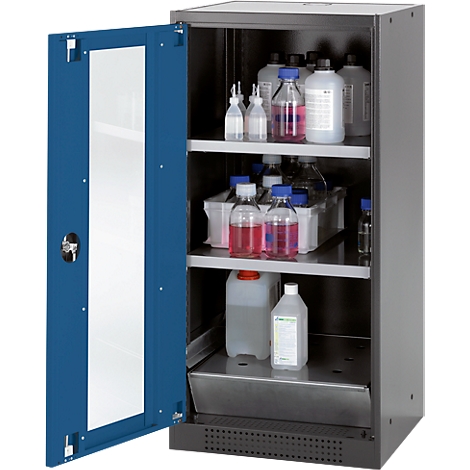 A blue laboratory cabinet with ajar door, filled with bottles and containers.