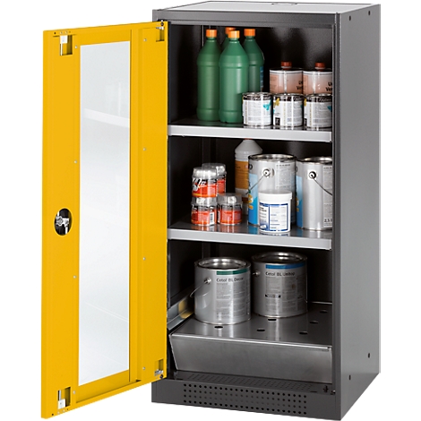 Open yellow safety cabinet with various chemicals and containers, provided for safe storage.