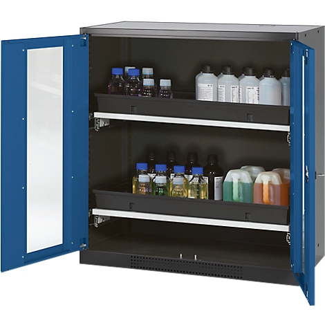 A steel cabinet with open blue door filled with bottles and containers is used in a laboratory.