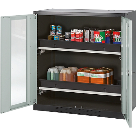 Open grey cabinet with shelves filled with cans, bottles, and boxes. Glass panes are on the inside of the doors.