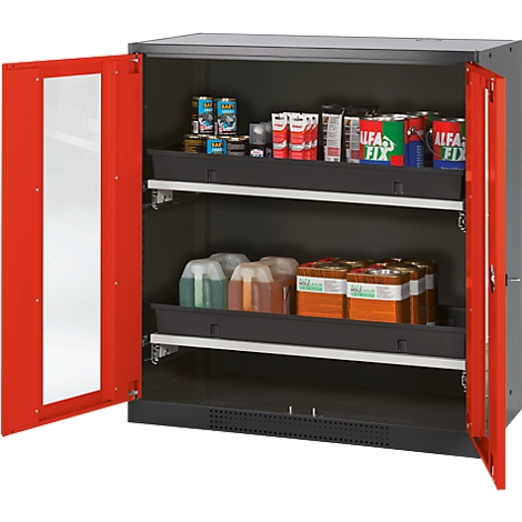 Grey steel cabinet with red doors, open. Inside, shelves with supplies, including cans with the inscription 'ALFA FIX'.