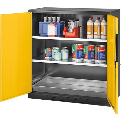 Open black cabinet with yellow doors. Inside, shelves with containers, bottles, and cans.