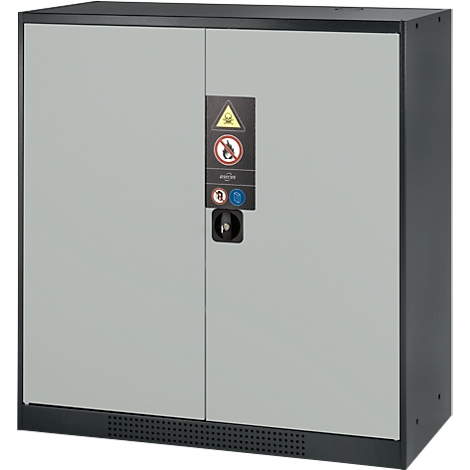 Grey steel cabinet with two doors and warning signs. Black handle, ventilation slots.
