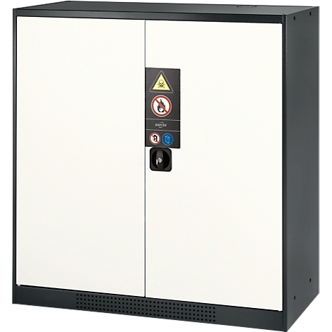 White cabinet with black frame and warning sign. Two doors, black handle, ventilation slots at the bottom.