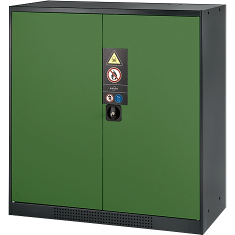 Green safety cabinet with black frame and warning signs. Door with handle and ventilation slots.