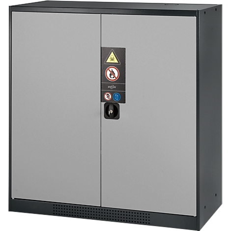 Grey steel cabinet with double doors, safety signs, and black handle.