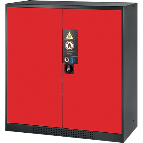 Red cabinet with black frame. Warning signs and a lock are visible on the door.