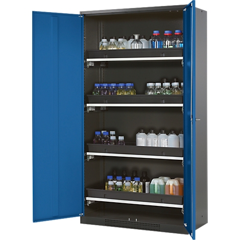 Opened blue lab cabinet, filled with glass bottles. Dark cabinet, gray sides. Shelves with liquids.