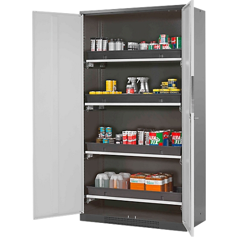 Grey cabinet with open doors, filled with supplies and utensils. Cans, bottles and boxes are on the shelves.
