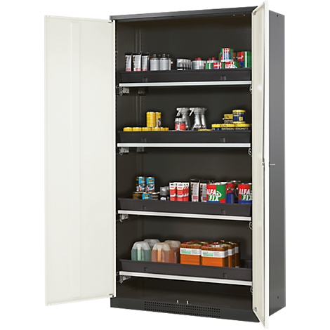 Open black cabinet with shelves filled with various cans, sprays, and bottles. The left door is open.