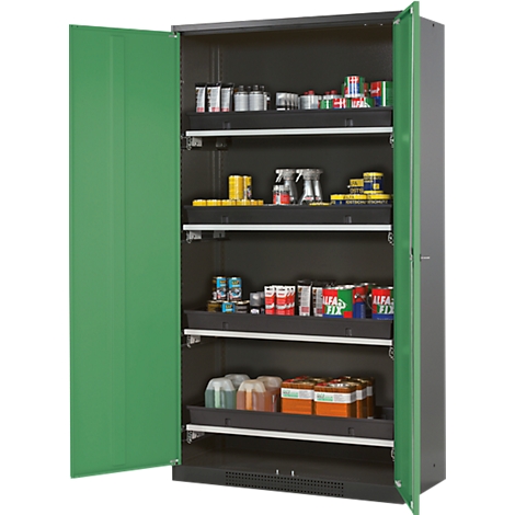 Open green cabinet filled with various goods and materials. Shelves are filled.