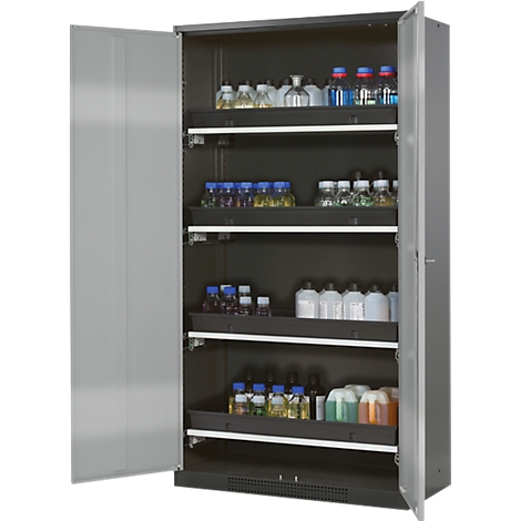 Open grey lab cabinet, filled with bottles and containers on black shelves.