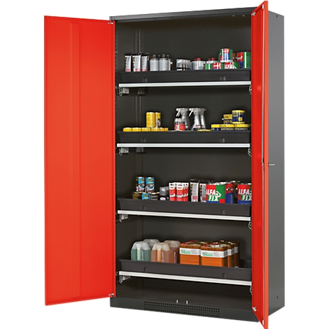 Black cabinet with red doors, open, filled with many cans and sprays.