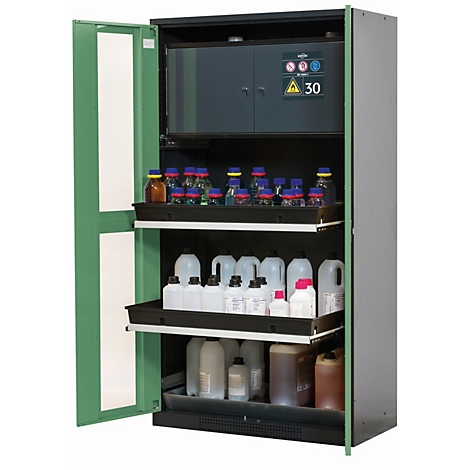 Een groene chemische veiligheidskast met een open deur, gevuld met flessen en containers. Bovenop is een kast met veiligheidssymbolen.