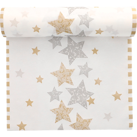 Ruban de tissu blanc avec des étoiles or et gris argenté, enroulé.