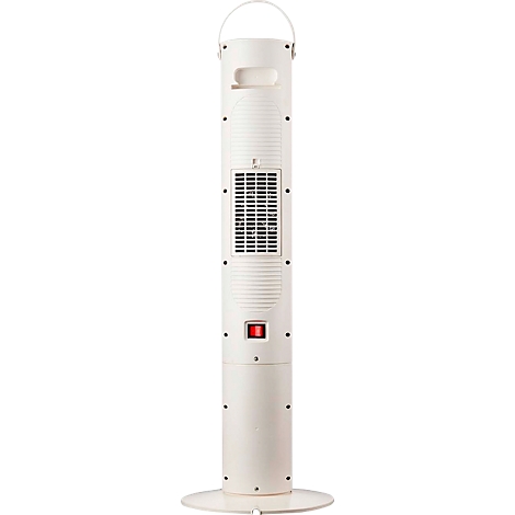 Radiateur sur pied blanc avec interrupteur marche/arrêt rouge et poignée.