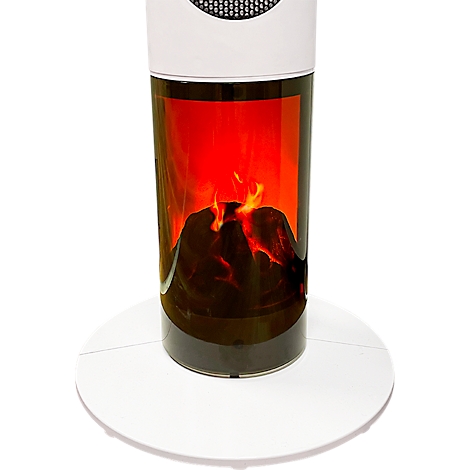 Un radiateur électrique avec un effet de foyer sur une base blanche. Les flammes dansent à l'intérieur de la colonne.