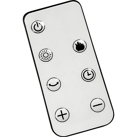 Télécommande avec symboles pour marche/arrêt, luminosité, flamme, minuterie, moins et plus.