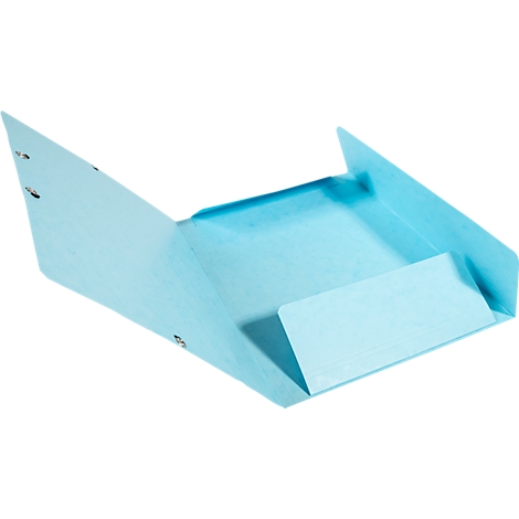 Dossier de documents en carton bleu clair ouvert. Trois œillets pour le classement sont visibles.