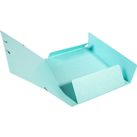 Bac de rangement bleu clair ouvert avec des trous rivetés.