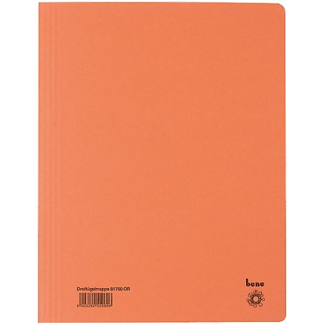 Dossier triple orange. Texte et code-barres au dos.