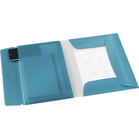 Dossier bleu ouvert avec smartphone et papier.