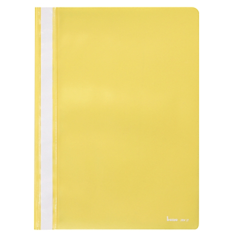 Dossier jaune avec dos transparent et reliure blanche. Nom de la marque en bas.