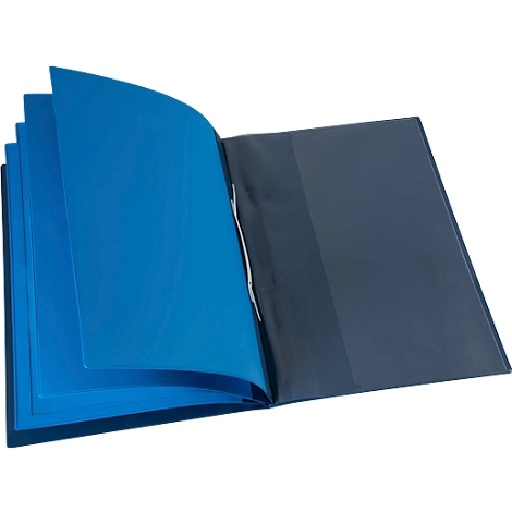 Dossier bleu ouvert avec plusieurs compartiments. Une partie du dossier est bleu foncé.