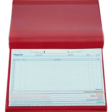 Porte-bloc rouge ouvert avec feuille de rapport de soins, avec lettrage bleu, à ouvrir.