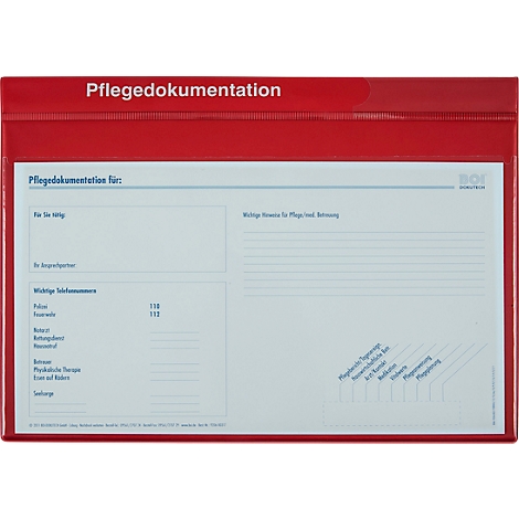 Dossier de documents rouge avec le texte 'Pflegedokumentation'. À l'intérieur: formulaire d'informations sur les soins et les urgences, numéros d'urgence.