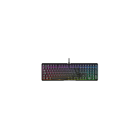 Schwarze mechanische Tastatur mit RGB-Beleuchtung. Tastenbeleuchtung in Regenbogenfarben. Zusammengesteckt, mit Kabel.