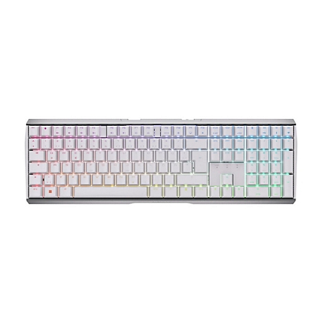 Weiße Gaming-Tastatur mit RGB-Beleuchtung vor weißem Hintergrund.