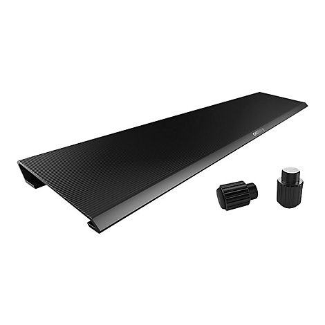 Schwarze Fußstütze, geriffelte Oberfläche. Zwei schwarze Drehknöpfe rechts daneben.