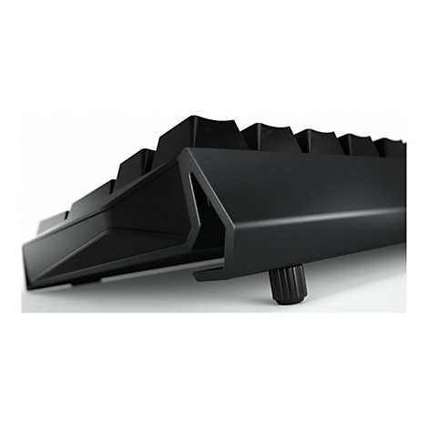 Nahaufnahme einer schwarzen Tastatur. Im Vordergrund sind die Tasten und die Kante der Tastatur zu sehen.