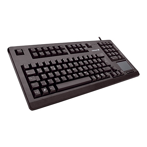 Schwarze Cherry-Tastatur mit integriertem Touchpad auf weißem Hintergrund.