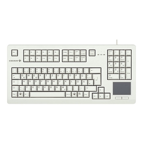 Weiße Cherry-Tastatur mit integriertem Touchpad auf der rechten Seite, deutsches QWERTZ-Layout.