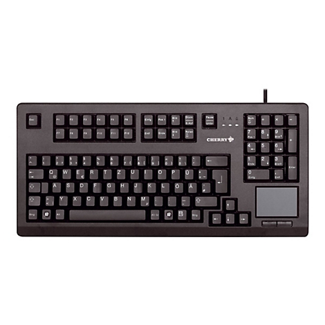 Schwarze Cherry Tastatur mit deutschem QWERTZ-Layout und integriertem Touchpad.