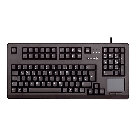 Clavier Cherry noir avec pavé tactile intégré. Étiquettes des touches en blanc. En haut : touches de fonction et pavé numérique.