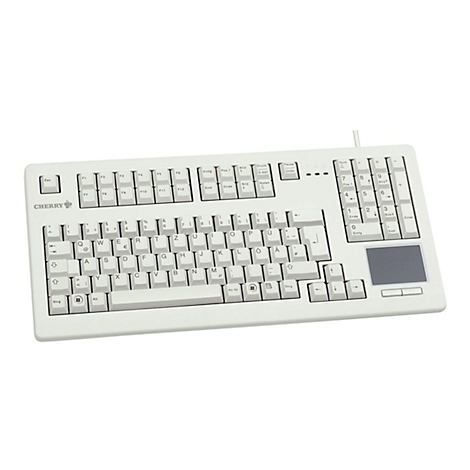 Clavier Cherry gris clair avec pavé tactile intégré. Le texte est en allemand. Le logo "Cherry" se trouve en haut à gauche.