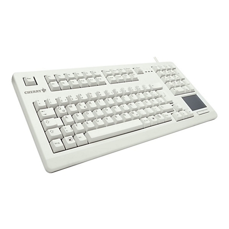 Clavier gris clair avec des touches comprenant des lettres, des chiffres et des caractères spéciaux. Une petite zone de pavé tactile à droite.