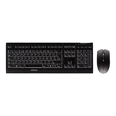 Ensemble clavier et souris noirs avec logo CHERRY sur fond blanc.