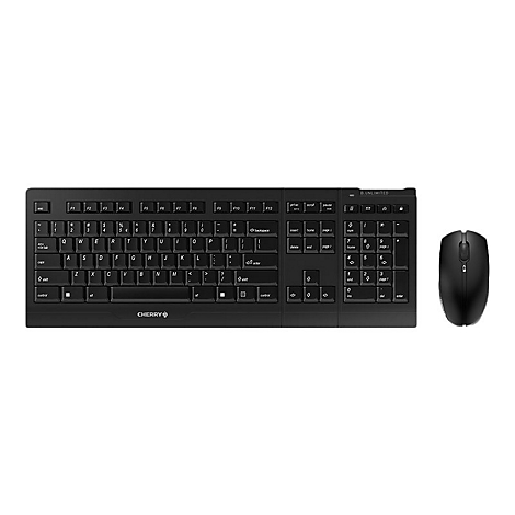 Clavier et souris noirs Cherry sur fond blanc. Des lettres et des chiffres sont visibles sur le clavier, ainsi que le logo Cherry.