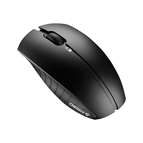 Schwarze Computermaus von Cherry, mit Scrollrad und Logo. Detailaufnahme, leicht schräg.