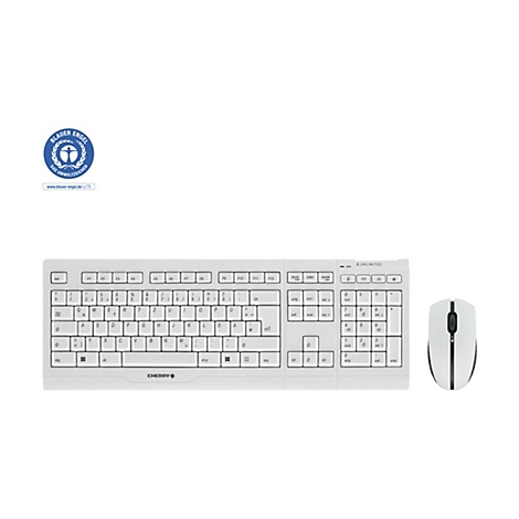 Weißes Cherry Tastatur- und Maus-Set vor weißem Hintergrund mit Blauer Engel Siegel.