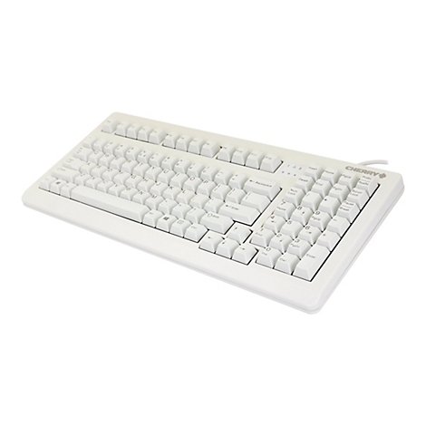 Clavier d'ordinateur Cherry blanc clair. Les touches sont étiquetées avec des caractères de fonction et spéciaux.