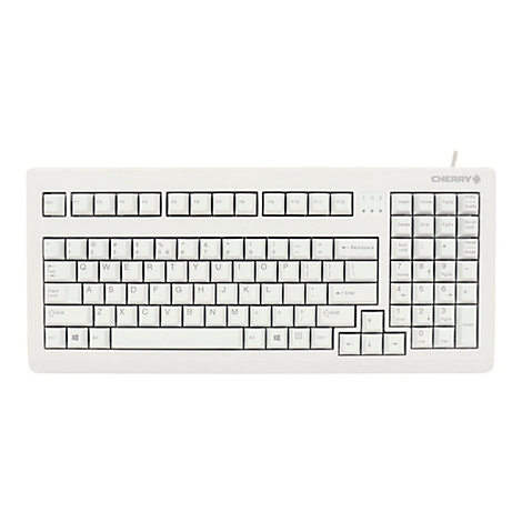 Vue de dessus d'un clavier d'ordinateur blanc brillant avec des lettres noires. Le logo Cherry se trouve en haut à droite.