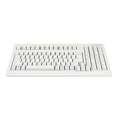 Clavier blanc avec une disposition de touches standard et le logo Cherry.