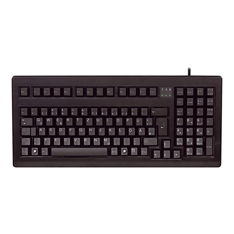 Clavier noir avec lettres et chiffres blancs. Le clavier comporte des touches de fonction, un pavé numérique et une touche Windows.